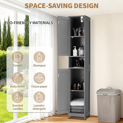 GarveeHome Tall Narrow Bathroom Cabinet, 66.9" Small Skinny Bathroom Storage Cabinet for Small Spaces | Freestanding Water Resistant Organizer for Bathroom, Kitchen, Hallway (2 Doors, Grey)