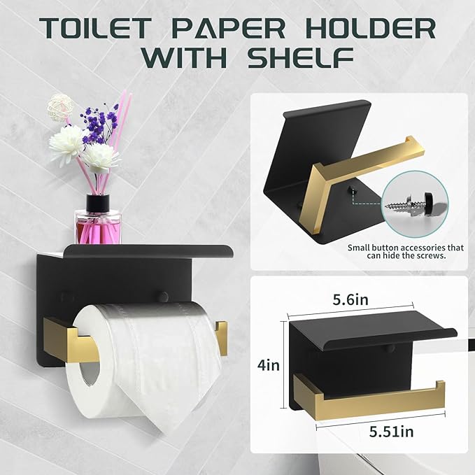 Dorudon Atrox 7-Piece Bathroom Set - Black & Gold Accessories Set - Square Towel Bar 2x23'', Hand Towel Rack, Toilet Paper Holder, 3x Towel Hook, Bathroom Hardware