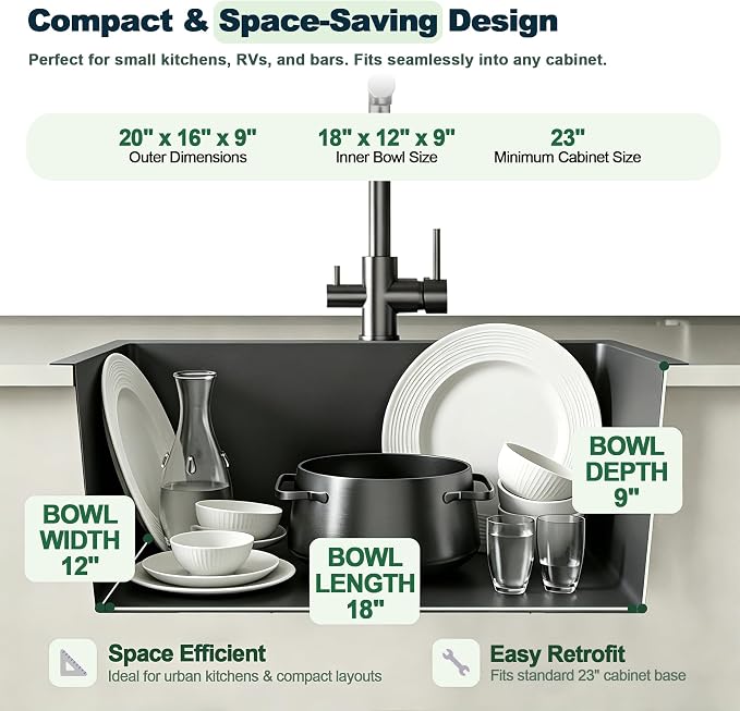 20x16 Inch Drop in Kitchen Sink, 304 Black Stainless Steel Sink | 9" Deep Single Bowl, R10 Tight Corner, 2 Pre-Drilled Holes, Topmount Installation,for Small Kitchen/RV/Bar Sink