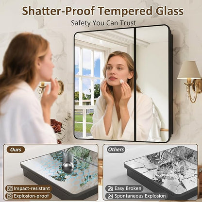 Medicine Cabinet Mirror 30x32 Inch, Black Bathroom Mirror Cabinet with Stepless Adjustable Shelves, Double Doors Metal Framed, Bathroom Mirror with Storage Recessed or Wall Mount
