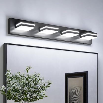 VOLISUN Modern 30-Inch Black Bathroom Vanity Light Fixtures, 4-Light, Cool White LED, Wall Mount, Touch Control