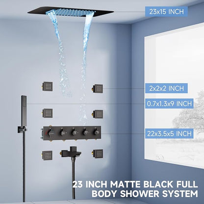 Thermostatic Rain Shower System, Black Multi Shower Head System with Body Jets, 23Inch Ceiling Mounted Full Body Rainfall Waterfall Shower System with Handheld, Tub Spout, LED Light and Music