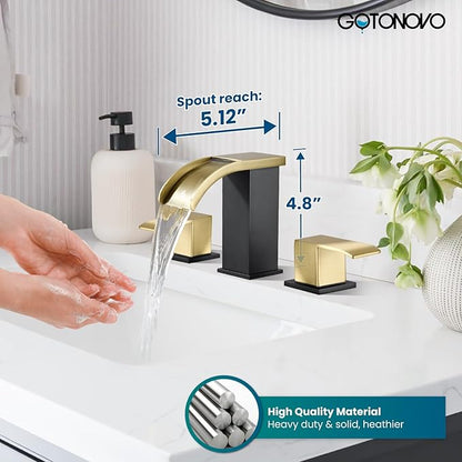 gotonovo Waterfall 8 inch Widespread Bathroom Faucet Set Bathroom Sink Faucet 3 Hole 2 Handle Vanity Lavatory Deck Mount with Pop Up Drain and Water Supply Lines Square Body Gold and Matte Black