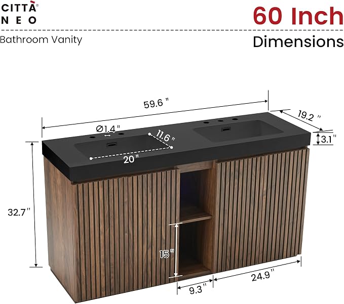 60 Inch Bathroom Vanity with Double Sink, Freestanding Double Sink Bathroom Vanity with Black Engineered Stone Top, Open Storage Cabinet & Adjustable Shelf, Walnut (3 Holes)