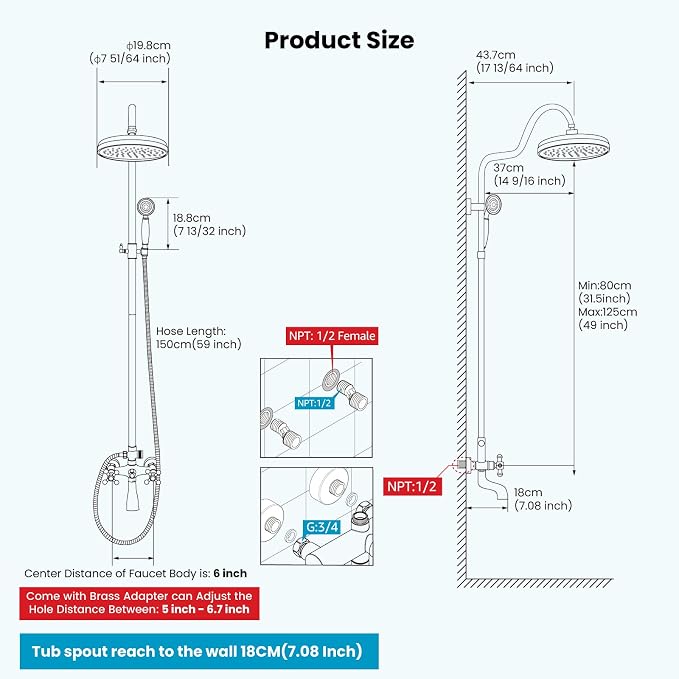 gotonovo Exposed Bathroom Shower System Two Cross Handle Polished Chrome | Vintage Brass Tub Shower Faucet Set,8’’ Rain Head with Handheld Spray,Swivel Tub Spout,6’’ Hole Distance,Adjustable Height