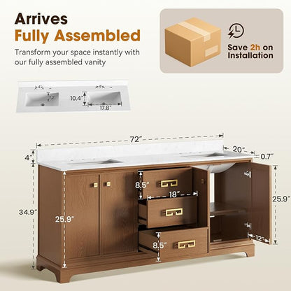 72 Inch Double Sink Bathroom Vanity, Light Walnut | Fully Assembled Bathroom Sink Cabinet, Marble Countertop & Backsplash, Soft Closing 4 Doors & 3 Drawers, Adjustable Shelves