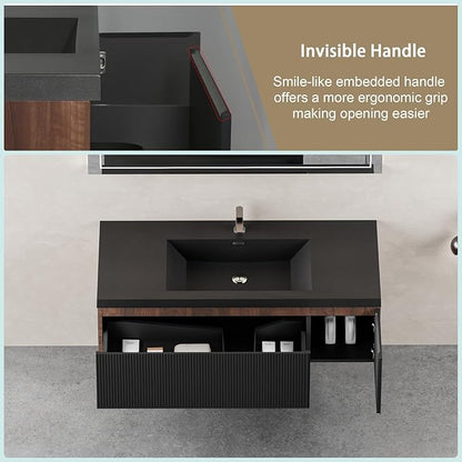 Wall Mounted Bathroom Sink Vanity, Modern 48" Floating Vanity with Resin Basin, U-Shaped Soft-Close Storage Drawer & Side Door, Striped Bathroom Storage Cabinet with Invisible Handle, Black