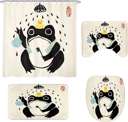 LGhtyro 4PCS Funny Frog 71Wx71H Inches Asian Traditional Japanese Art Animal Shower Curtain Sets with Rugs, Toilet Lid Cover and Bath Mat, Cute Bath Accessories Art Home Decor Fabric 12 Pack Hooks