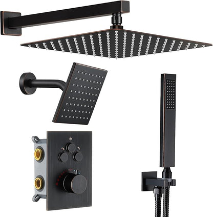 Thermostatic Dual Shower System, Shower Faucet(Oil Rubbed Bronze) | 12 Inch Shower Head, 6 Inch Wall Mount Head, High Pressure Handheld Sprayer, Push Button Valve
