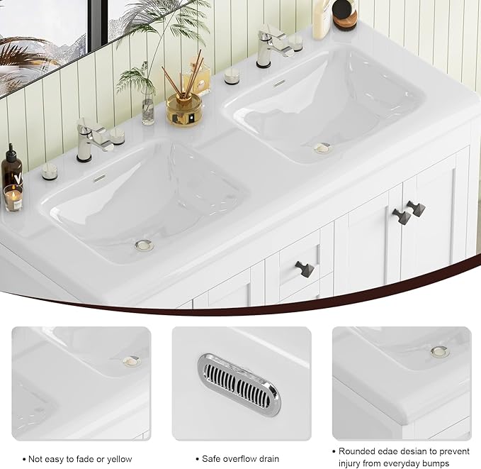 48" Bathroom Vanities with Sink Combo, Modern Double Bathroom Vanity with 4 Doors & 5 Drawers, Freestanding White Bathroom Cabinet with Double Ceramic Sink, White