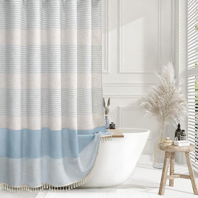 Aqua Blue Coastal Ocean Linen Striped Shower Curtain with Tassel 72W X 72L | Boho Farmhouse Shower Curtains with Linen Texture for Bathroom Decor