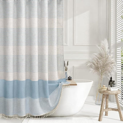 Aqua Blue Coastal Ocean Linen Striped Shower Curtain with Tassel 72W X 72L | Boho Farmhouse Shower Curtains with Linen Texture for Bathroom Decor