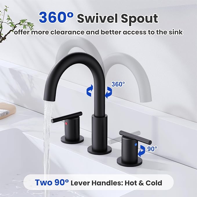 Bathroom Faucet 8 Inch, Matte Black 2 Handle Widespread Sink Faucet | Widespread faucet with 360° rotating spout, double handles and pop-up drain for bathroom vanity and sink upgrades.