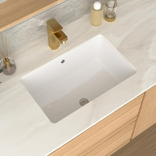 21 Inch Undermount Bathroom Sink Rectangular - 21"x13" White Rectangle Porcelain Ceramic Vessel Sink with Overflow,Under Counter Lavatory Vanity