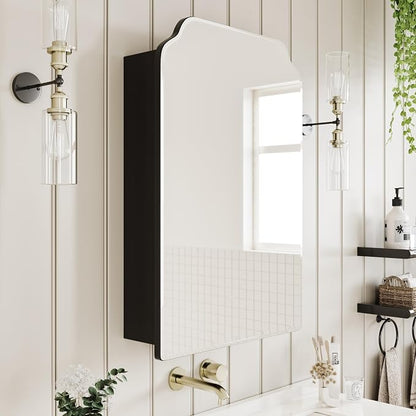 AGDULL Recessed Medicine Cabinet with Arched Mirror, Overall 17.5"x29" | Bathroom Wood Black Wall Cabinet with Mirror, Soft-Closed Hinges, Fully Assembled, Surface Mount Option, Right-Swing Door