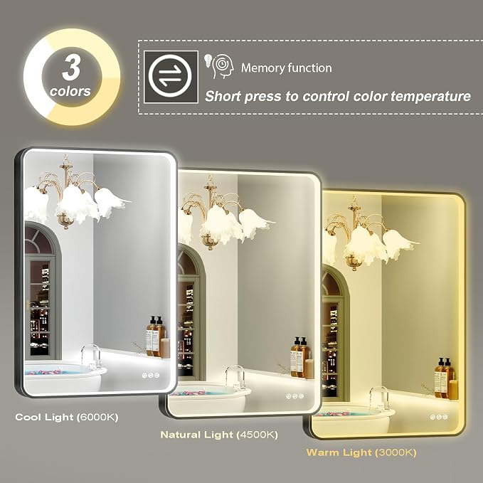 LED Mirror for Bathroom 24X36 Inch Black Framed with Anti-Fog, Stepless Dimmable, Front Lit, LED Bathroom Vanity Mirror for Wall, Memory Function, Shatter-Proof