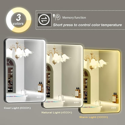 LED Mirror for Bathroom 24X36 Inch Black Framed with Anti-Fog, Stepless Dimmable, Front Lit, LED Bathroom Vanity Mirror for Wall, Memory Function, Shatter-Proof