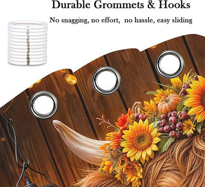 Fall Highland Cow Shower Curtain, Autumn Thanksgiving Pumpkin Funny Cow Rustic Barn Door Shower Curtain Set Bathroom, Western Farmhouse Brown Wood Board Harvest Fabric Bath Decor with Hooks,60X70IN