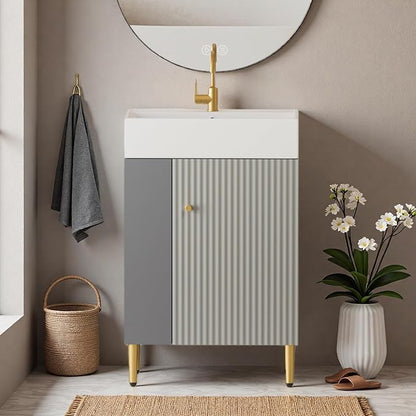 21.6" Freestanding Bathroom Vanity with Ceramic Sink, Matte Gray | Ceramic Sink, Wave-Pattern Door & Two-Layer Left Open Compartment, Bathroom Storage Cabinet, Easy Installation