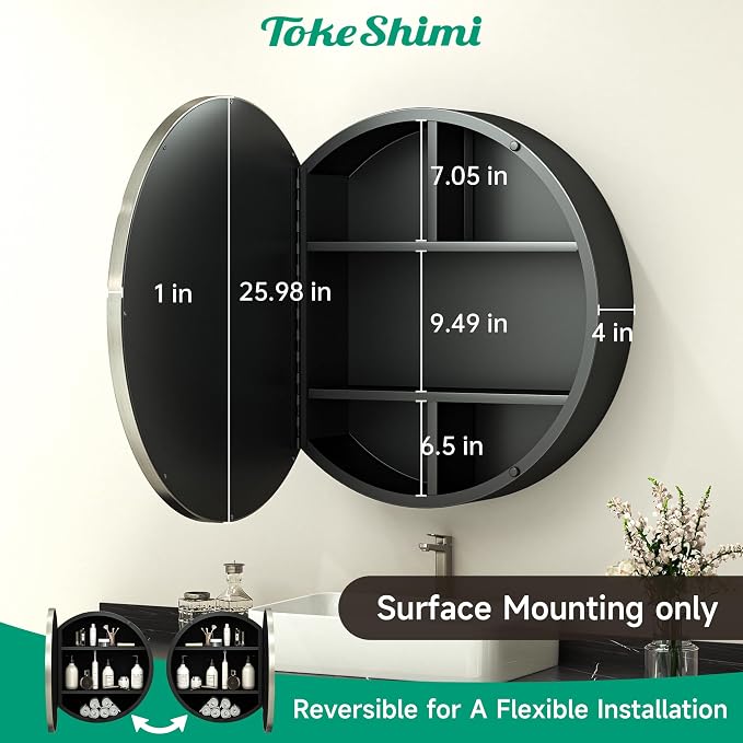 TokeShimi 26 x 26 Round Medicine Cabinet with Mirror, Brushed Nickel Circular Bathroom Medicine Cabinet with Stainless Steel Metal Frame, Detachable Shelves, Shatterproof, Wall Mounted Only