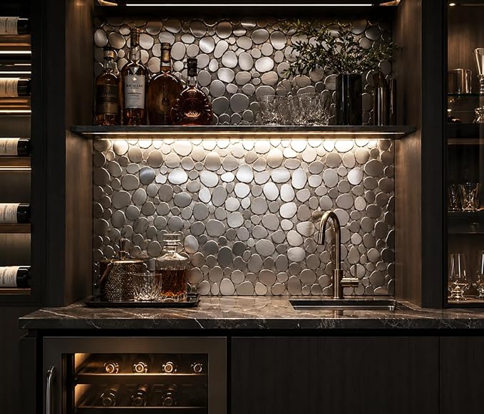 Metal Pebble Mosaic Tiles, 5 Sheets Stainless Steel Backsplash Tile Mesh Mounted, Silver Metal Tile for Kitchen Bath Backsplash Shower Floor
