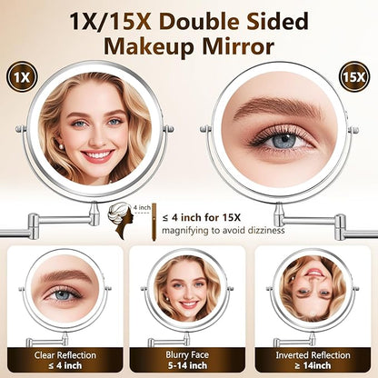 DECLUTTR Wall Mounted Lighted Makeup Mirror, Rechargeable 1X/15X Magnifying Mirror 8 Inch Double Sided, 3 Colors Vanity Mirror with Lights, Touch Dimmable 360° Rotation Foldable