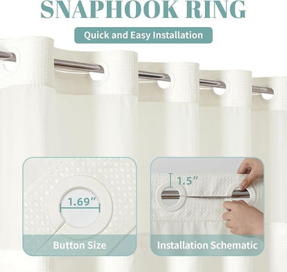eachope No Hook Long Waffle Shower Curtain, Snap-in Liner, 71x86 in, Cream | 230 GSM waffle weave fabric, waterproof liner set with 2 bottom magnets, mesh top window, washable, for bathroom or hotel use