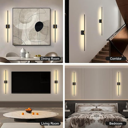 Battery Operated Wall Sconce Set of Two with Remote Control, 3000K-6000K Dimmable Black Gold Wall Lights, Timable LED Wireless Wall Sconces, 350° Ratate for Bathroom, Living Room, 39.4 Inch