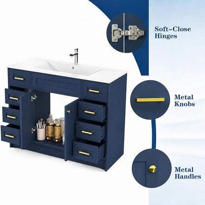 Blue Bathroom Vanity with Sink 48inch | 2 Doors and 8 Drawers | Wood Storage Basin Cabinet with Ceramic Basin for Home and Office