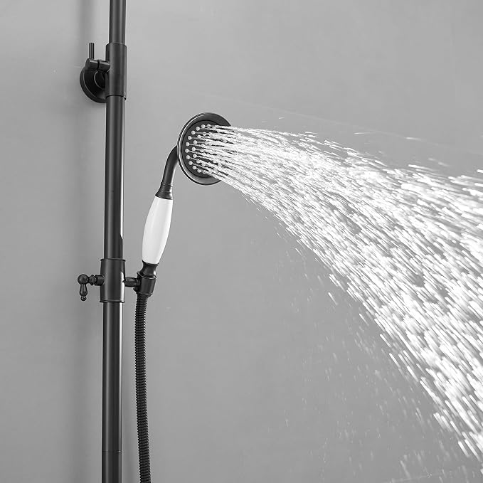Outdoor Shower Features, Exposed Shower System Wall Mounted | 8 Inch Rain Shower Head Sprayers,Handheld Shower Head & Tub Spout,Solid Brass,Dual Handle,High Pressure,Matte Black