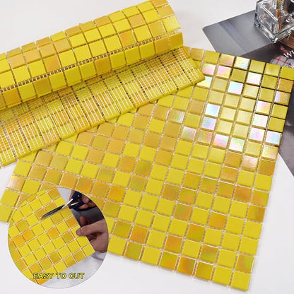 11.5 sq.ft Yellow Glass Mosaic Tile for Bathroom, Pool, Kitchen Backsplash | Waterproof Wall & Floor Tile. Heat & frost resistant outdoors. Mesh-mounted easy install. Use any grout. Easy clean. 10pcs.