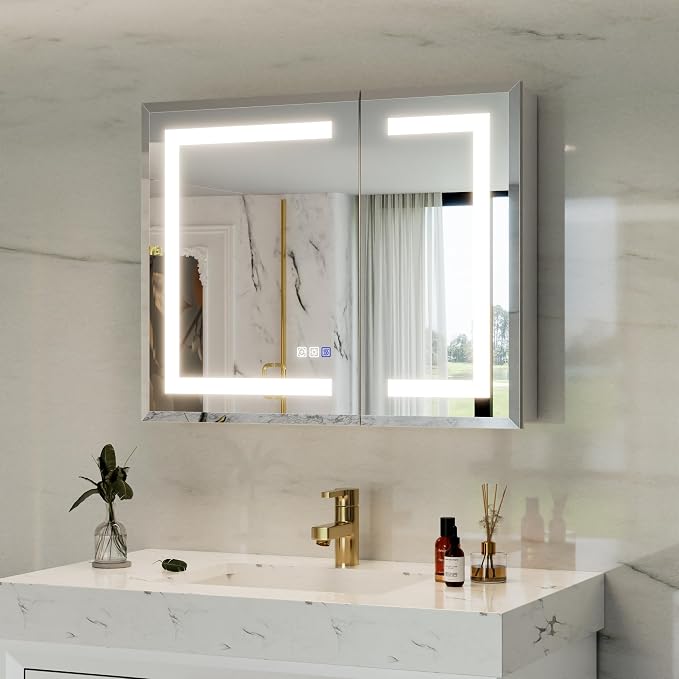 30x24 Lighted Medicine Cabinet with Mirror Defogger - Dimmable Touch Sensor, Adjustable Color Temperature, Shatterproof Tempered Glass, Quick-Release Hinges, Adjustable Shelves,UL Certified
