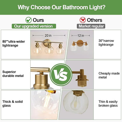3-Light Bathroom Light Fixtures, Brushed Brass Bathroom Lights Over Mirror with Clear Glass Globe Shade, Vanity Lights for Bathroom Kitchen Living Room Hallway Cabinet Bedroom Porch