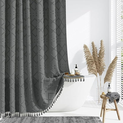 Boho Farmhouse Shower Curtain Tufted Geometric 72x72 Charcoal Grey | Elegant Tassel, Soft Lightweight Textured Fabric, Water Repellent, Washable, Hotel Spa, for Bathroom/Dorm/Apartment 12 Hooks