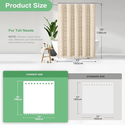 Long Boho Farmhouse Shower Curtain Tufted Geometric 72"x78" Beige | 78 Inch Tall, Elegant Tassel, Lightweight Textured Fabric, Water Repellent, Washable, Hotel Spa, for Bathroom/Dorm 12 Hooks