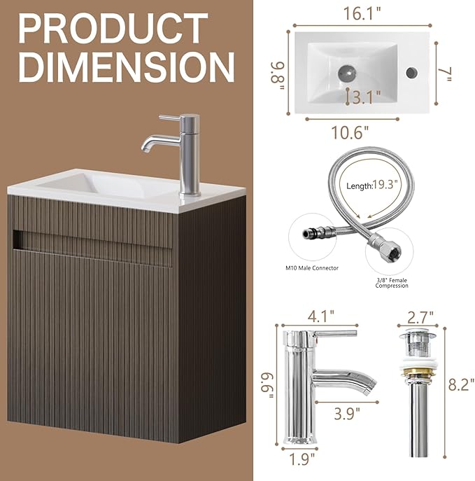 wonline 16" Small Bathroom Vanity Sink Combo Modern Wall Mounted Floating Cabinet W/Resin Basin Sink Top, Chrome Water Save Faucet & Pop Up Drain