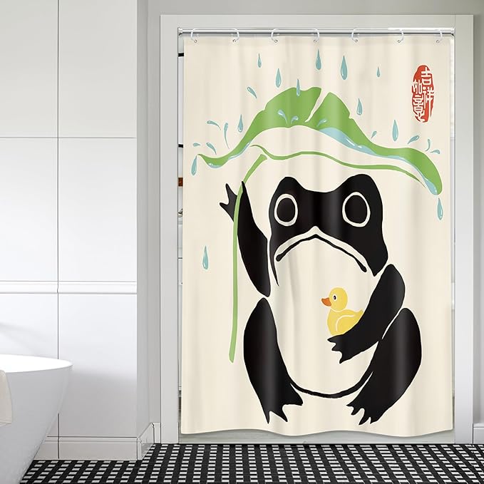 LGhtyro Funny Frog Shower Curtain Bathroom Set 48Wx71H Inches Taking Lotus Cute Duck Asian Traditional Japanese Style Animal Leaf Rain Bath Accessories Frog Art Home Decor Fabric 8 Pack Hooks