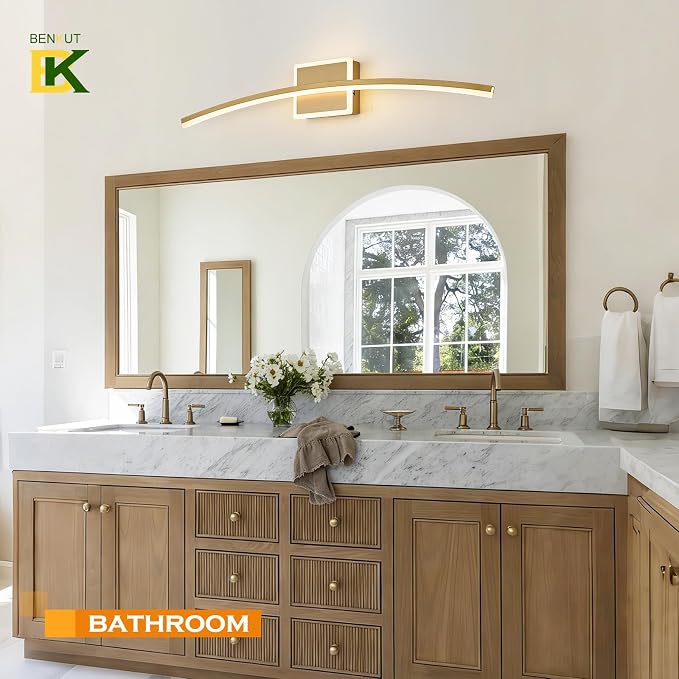 Benkut Modern LED Wall Sconce Gold LED Bathroom Light Fixtures Over Mirror Wall Lighting for Bathroom, Dimmable Long Vanity Light for Bathroom Living Dining Room(5CCT 31.5Inch)