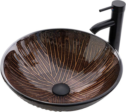 Vessel Sink 16.5" Bathroom Sinks Tempered Glass Brown Art Basin Round Bowl with Faucet Combo, Tree Streak Pattern,Modern Countertop Bowl Sink