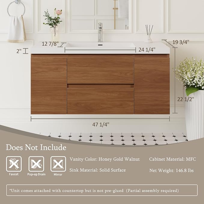KEIKI 48'' Wall-Mounted Bathroom Vanity with Sink - Floating Design, 2 Soft-Close Drawers & Doors & Resin Basin, Space-Saving for Bathrooms, Walnut