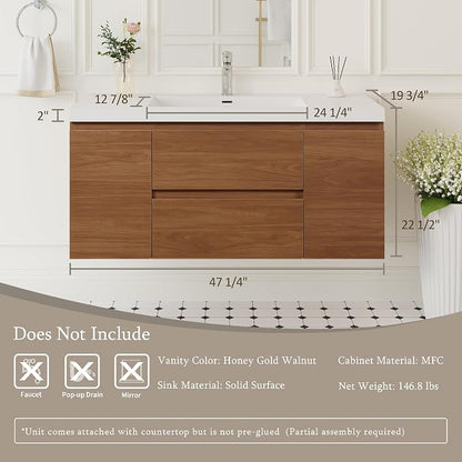 KEIKI 48'' Wall-Mounted Bathroom Vanity with Sink - Floating Design, 2 Soft-Close Drawers & Doors & Resin Basin, Space-Saving for Bathrooms, Walnut