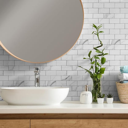 Yipscazo Peel and Stick backsplash 3 x 6 Inches 3D PVC Composite Wall Tile Stick on Backsplash Tile for Kitchen Bathroom, Laundry Room, Fireplace(Skin Marble White Gray, 160 Pieces)