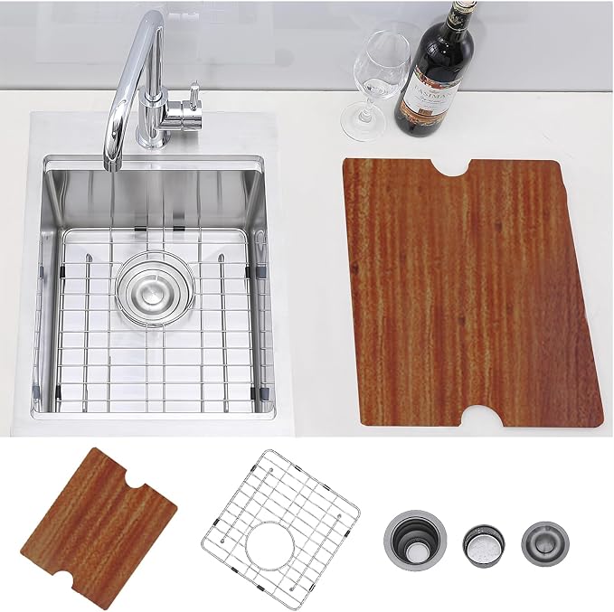 HOTIS Drop In Bar Sink, 15 x 20 Inch Small Kitchen Sink, 304 Stainless Steel Topmount Workstation Sinks, Handmade 16 Gauge Single Bowl Kitchen Sinks with Dish Grid & Drain and Cutting Board