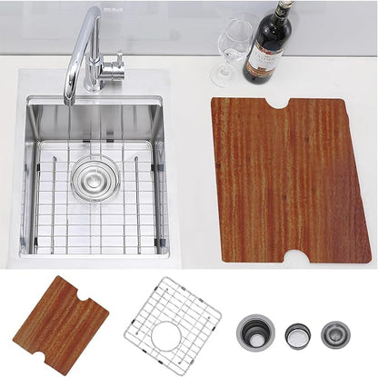 HOTIS Drop In Bar Sink, 15 x 20 Inch Small Kitchen Sink, 304 Stainless Steel Topmount Workstation Sinks, Handmade 16 Gauge Single Bowl Kitchen Sinks with Dish Grid & Drain and Cutting Board