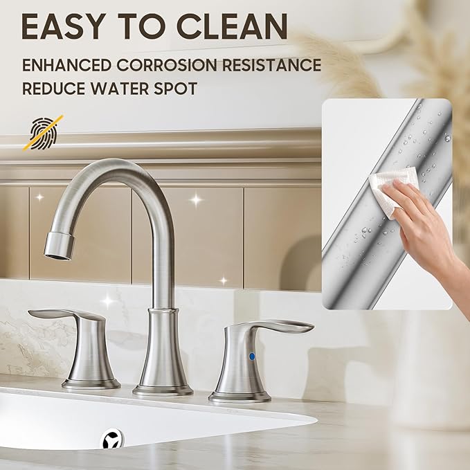 Brushed Nickel Widespread 8 Inch 3 Holes Bathroom Faucet，Two Handles Stainless Steel Bathroom Sink Faucet with Metal Pop-Up Drain and Water Supply Lines, WFTY36-BN