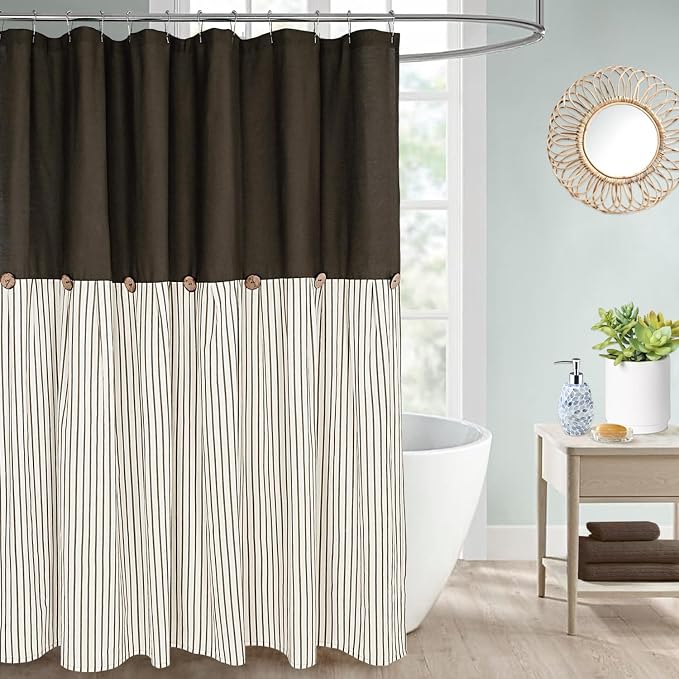 DOSLY IDÉES Farmhouse Shower Curtain, Beige and Brown Stripe, Button Curtain, Linen and Cotton Woven Fabric, Rustic Charm Country Chic Style, 72x72 in, Bathroom