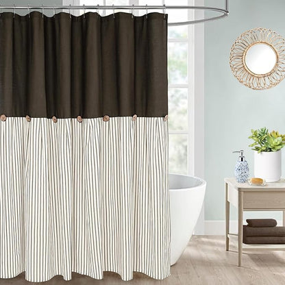 DOSLY IDÉES Farmhouse Shower Curtain, Beige and Brown Stripe, Button Curtain, Linen and Cotton Woven Fabric, Rustic Charm Country Chic Style, 72x72 in, Bathroom