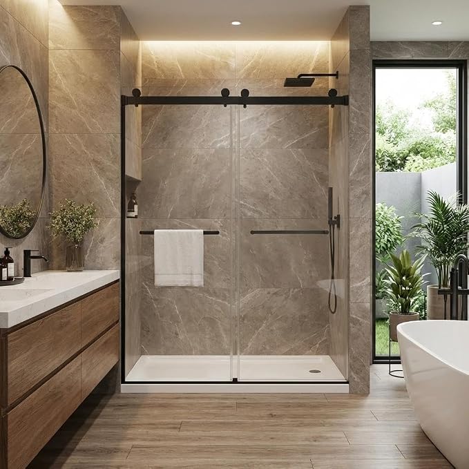 60" x 74" Frameless Sliding Bathtub Door, 1/4" (6mm) Tempered Glass with Stainless Steel Square Rail & Dual Handles, Smooth Bi-Directional Sliding, Space-Efficient Bypass Tub Door, Matte Black