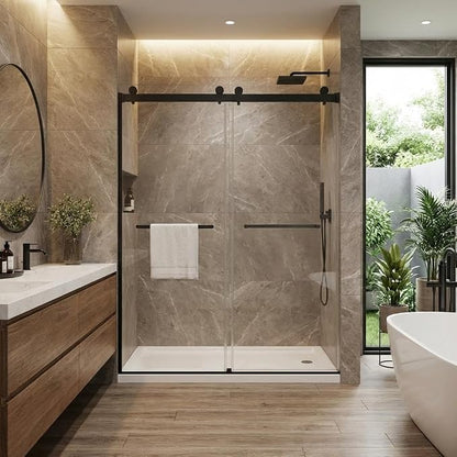 60" x 74" Frameless Sliding Bathtub Door, 1/4" (6mm) Tempered Glass with Stainless Steel Square Rail & Dual Handles, Smooth Bi-Directional Sliding, Space-Efficient Bypass Tub Door, Matte Black
