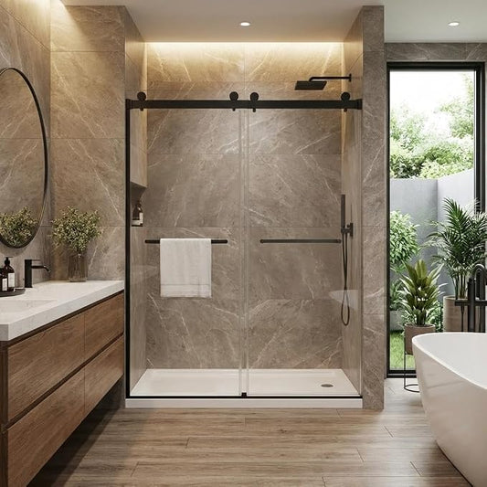 60" x 74" Frameless Sliding Bathtub Door, 1/4" (6mm) Tempered Glass with Stainless Steel Square Rail & Dual Handles, Smooth Bi-Directional Sliding, Space-Efficient Bypass Tub Door, Matte Black
